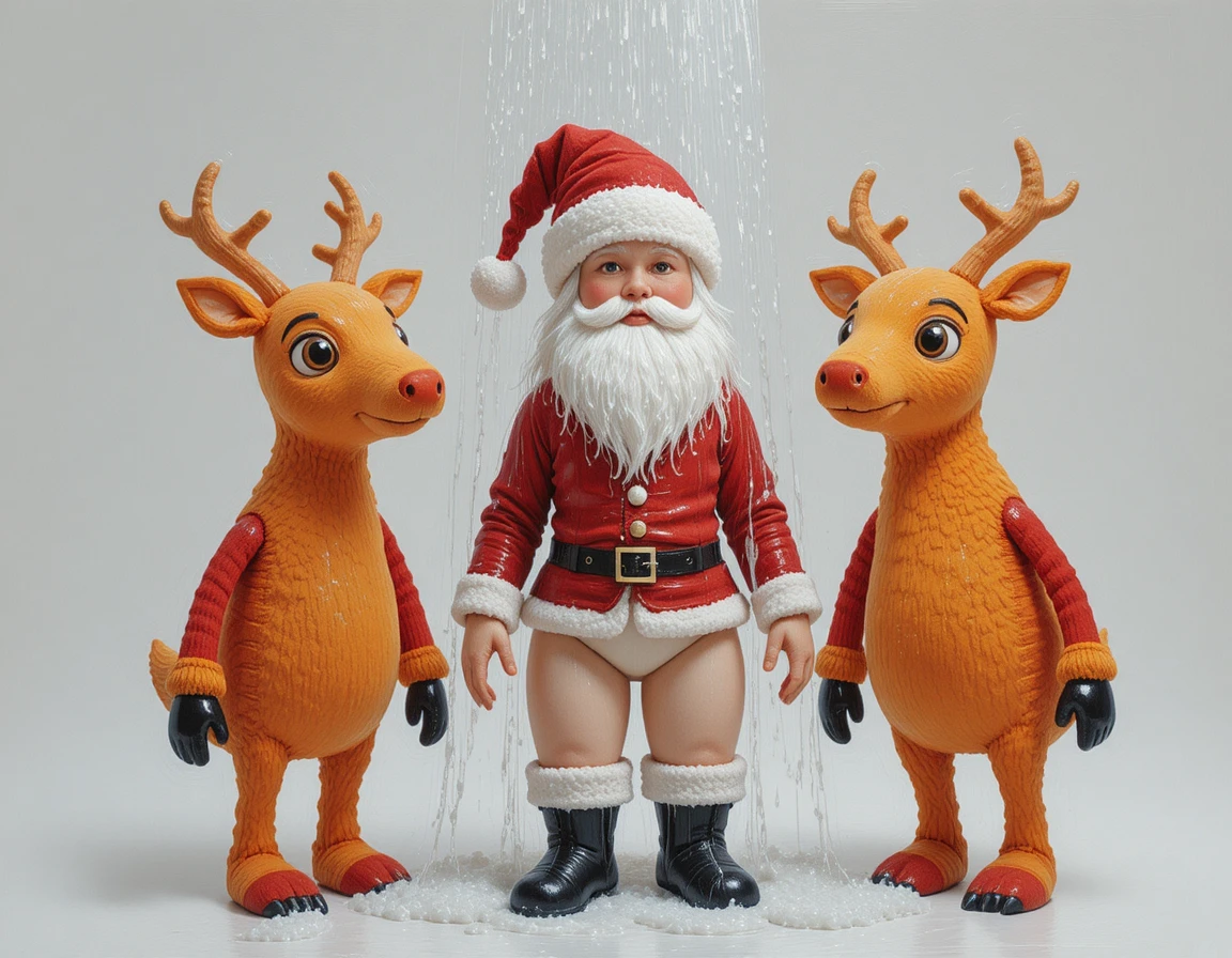 Babbo Natale di peluche con due renne su sfondo bianco