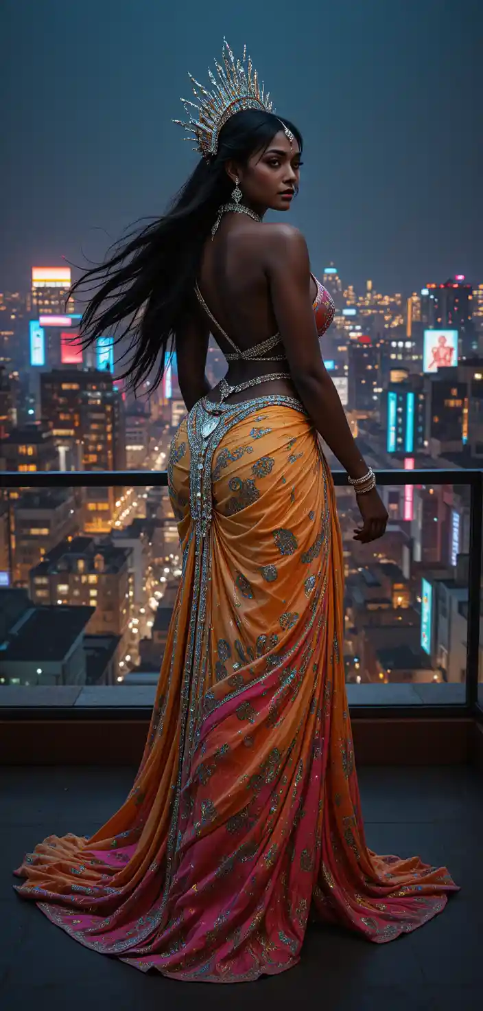 Muscular bridal dancer on Seoul skyscraper terrace at dusk