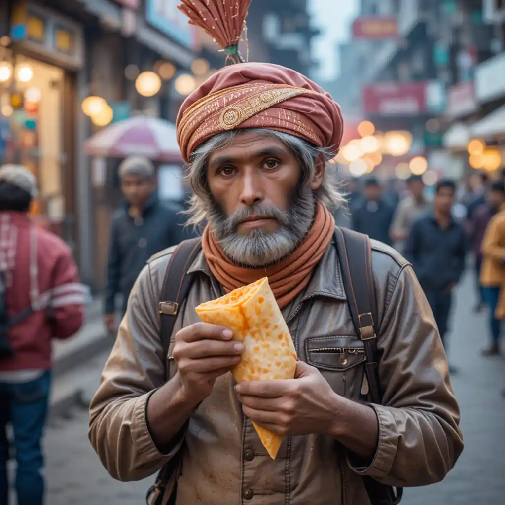 Macaco vendendo samosas em uma esquina movimentada de Delhi
