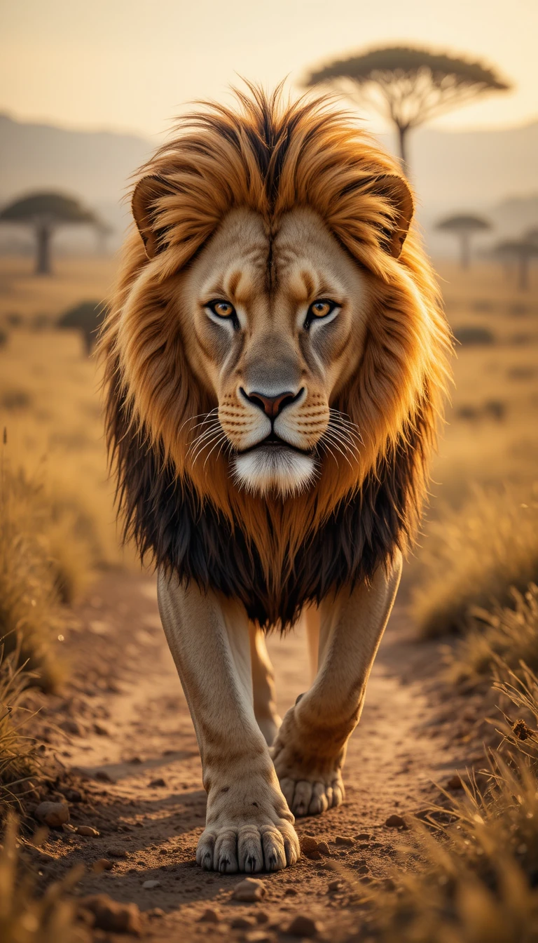 Leão macho calmo caminhando em direção à câmera na savana africana
