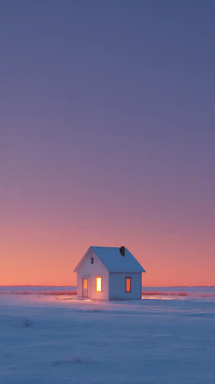 暮色雪地中的小白屋與溫暖燈光的窗戶