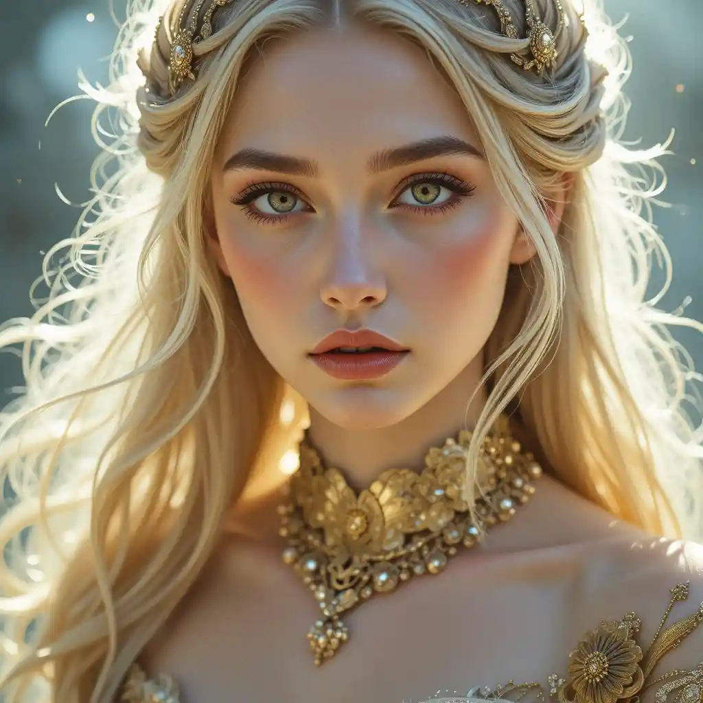 Ätherisches blondes Mädchen mit goldenen Augen im sanften Licht