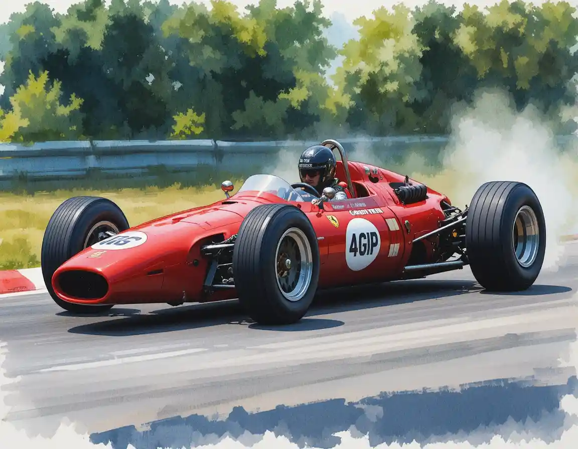 Red racing car on asphalt with helmeted driver