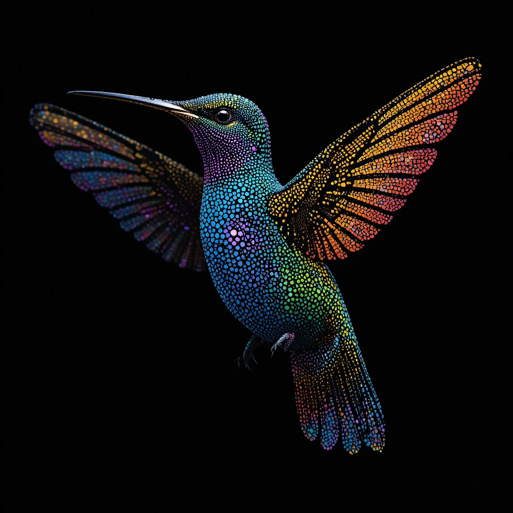 Beija-flor em arte pontilhista colorida sobre fundo preto profundo