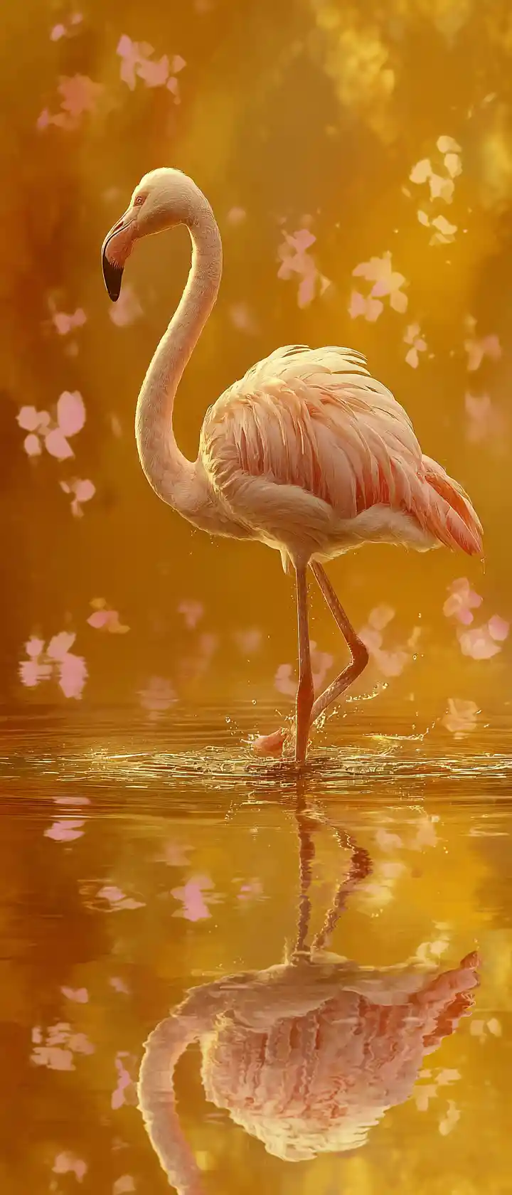 寧靜湖面上優雅擺姿的火鶴芭蕾