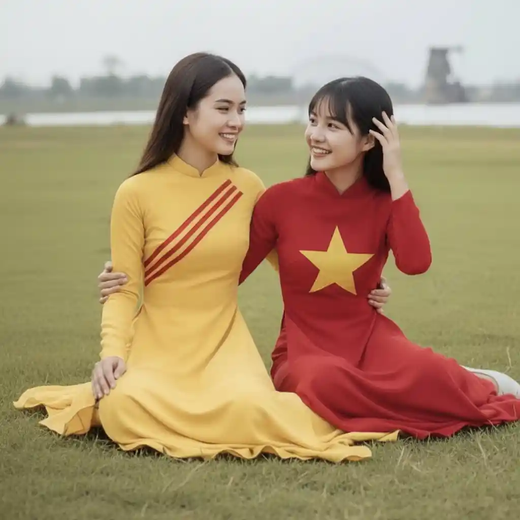 Two young Vietnamese sisters talking on a grass field