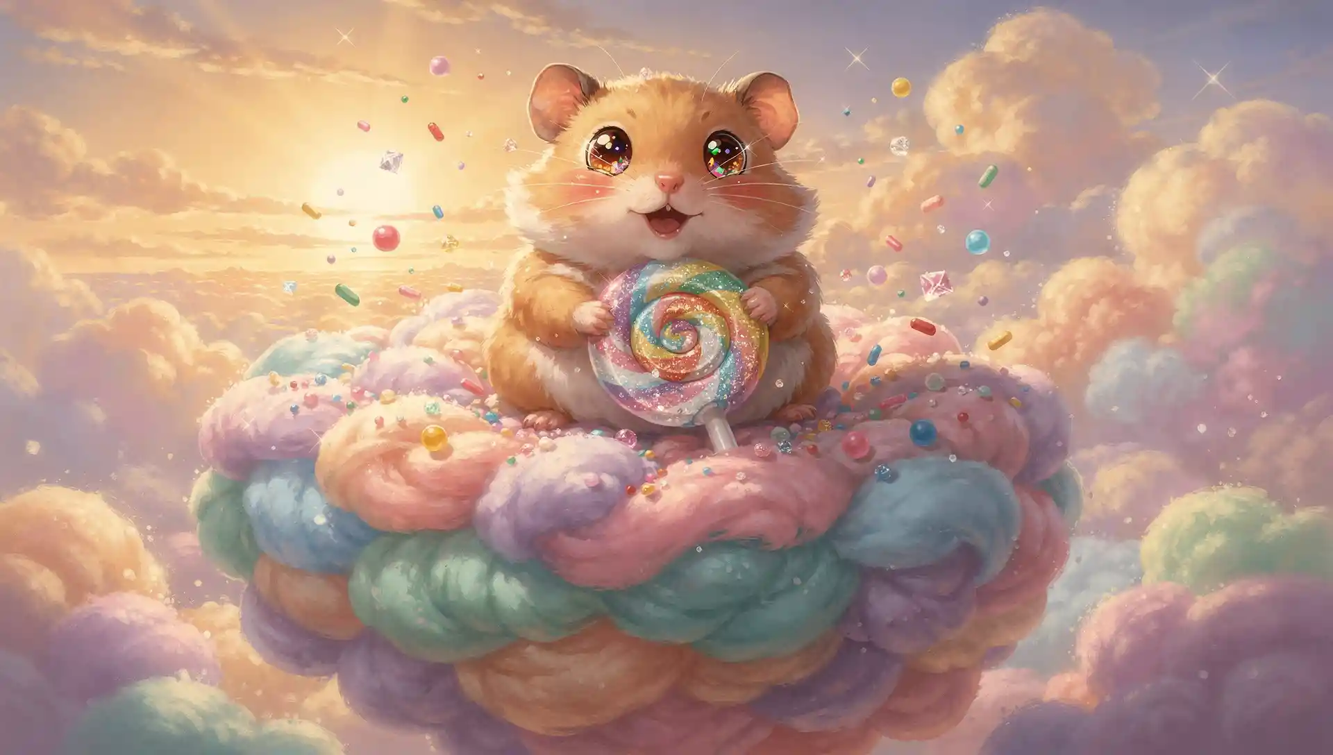Chubby Golden Hamster Floating On Rainbow Cotton Candy