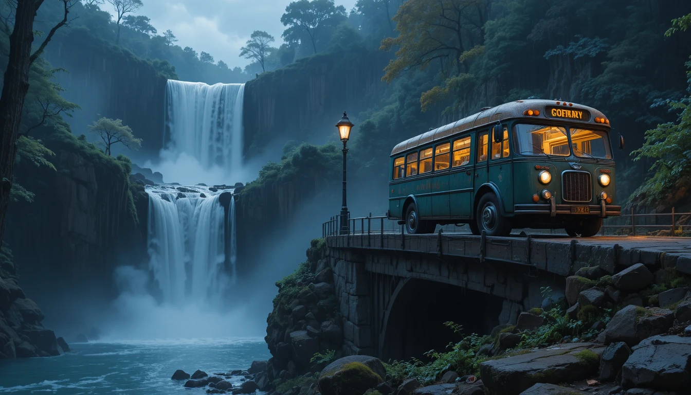 Old bus crossing a bridge beside a waterfall at night