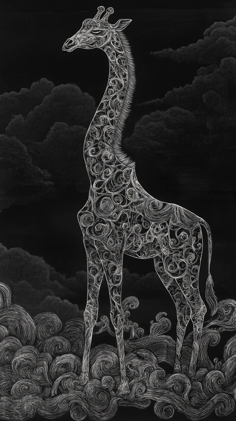 Girafa monocromática bordada girando com energia yin e yang