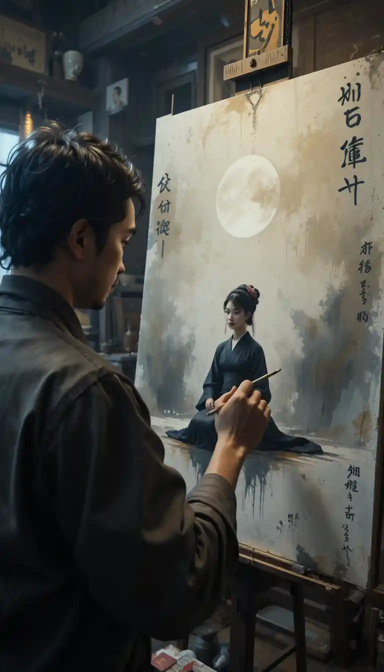 Pintor japonês esboçando uma modelo de quimono em um estúdio modesto