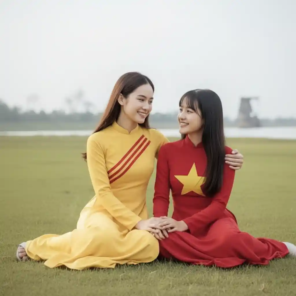 Two young sisters talking on a grass field near a river
