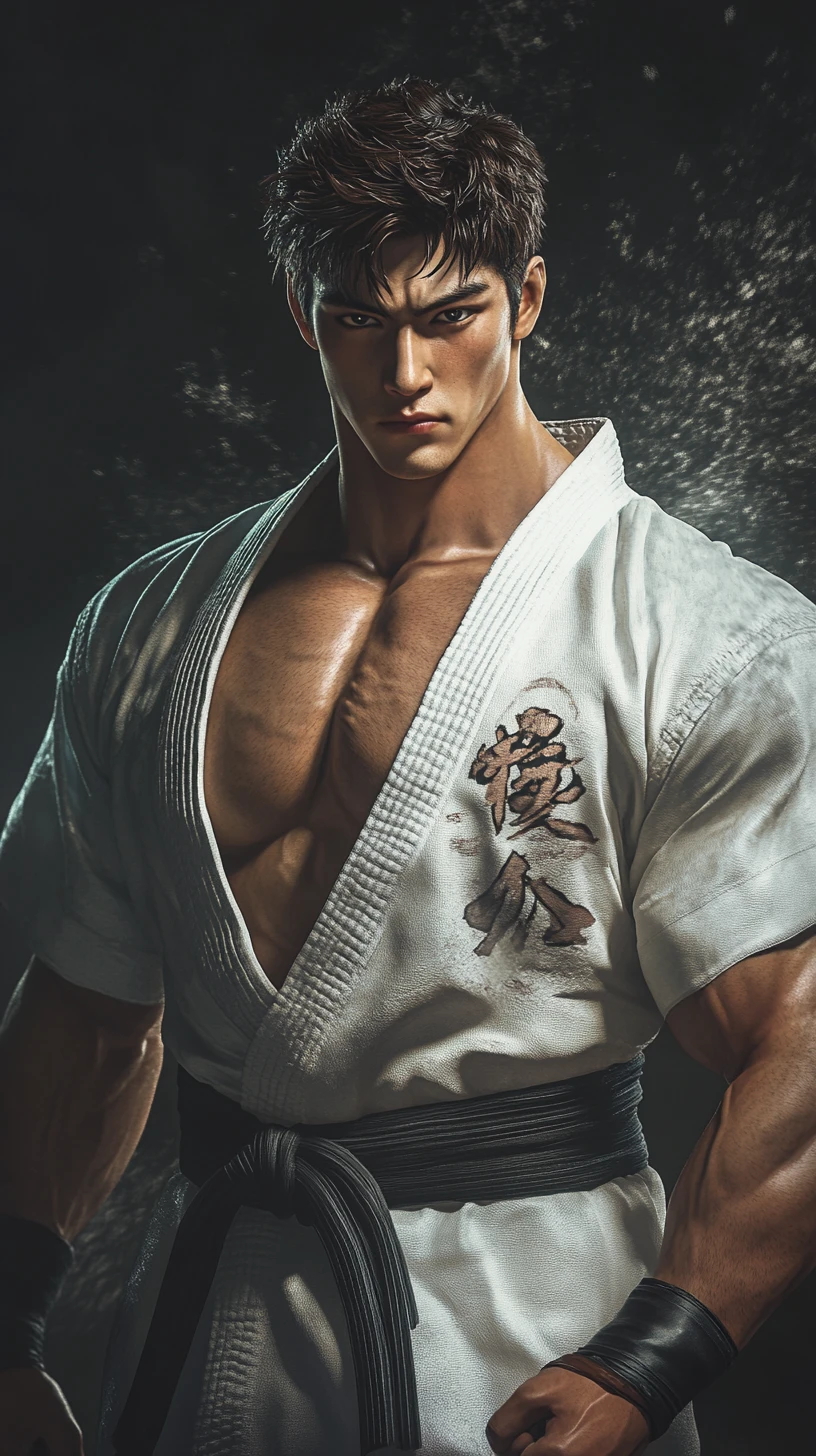 Luchador coreano de taekwondo con uniforme blanco ornamentado listo para golpear