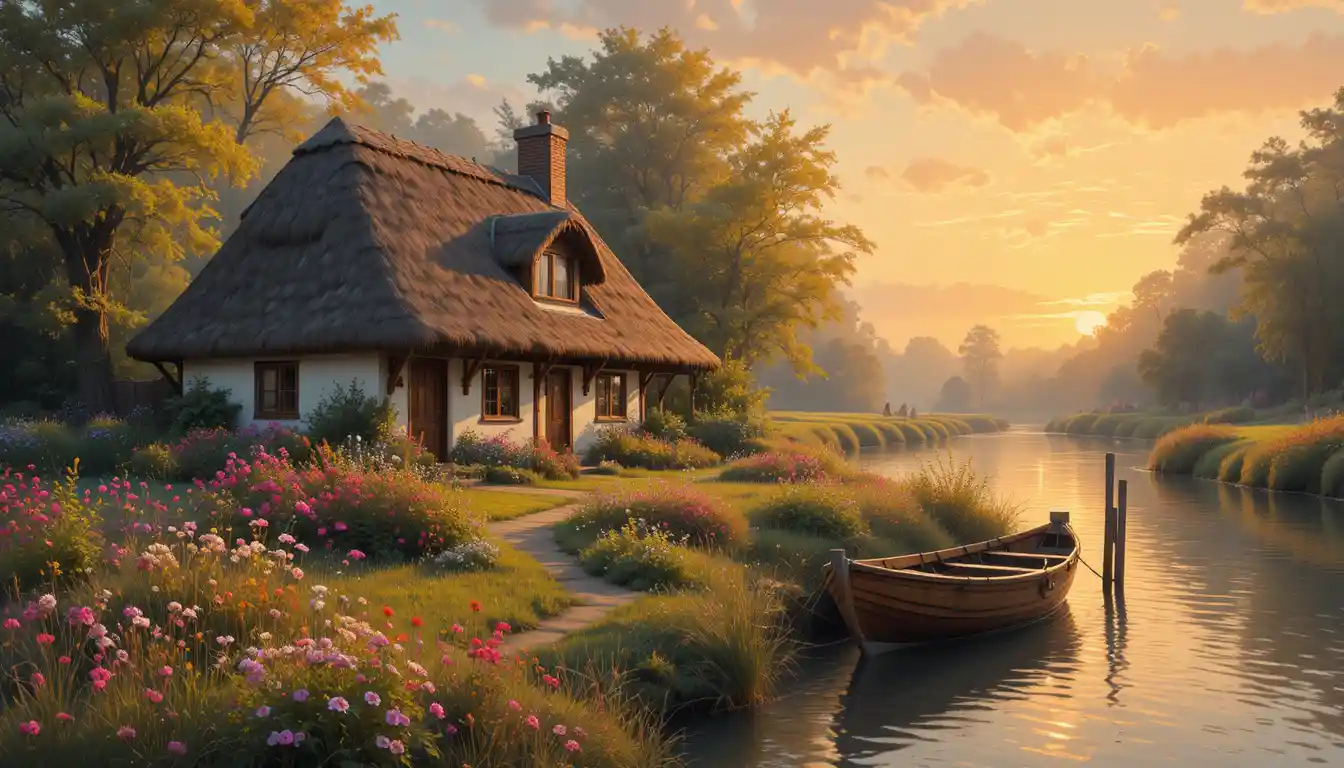 Gemütliches Flusscottage im warmen goldenen Licht des Sonnenuntergangs