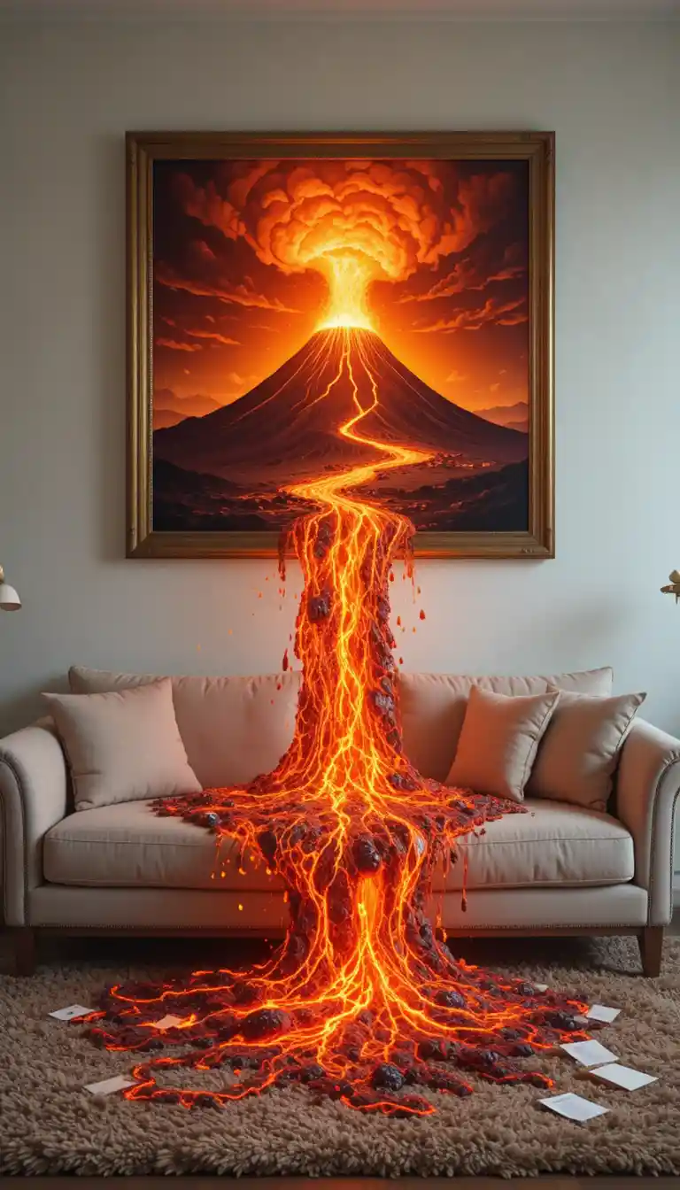Cozy living room transformed by surreal flowing lava