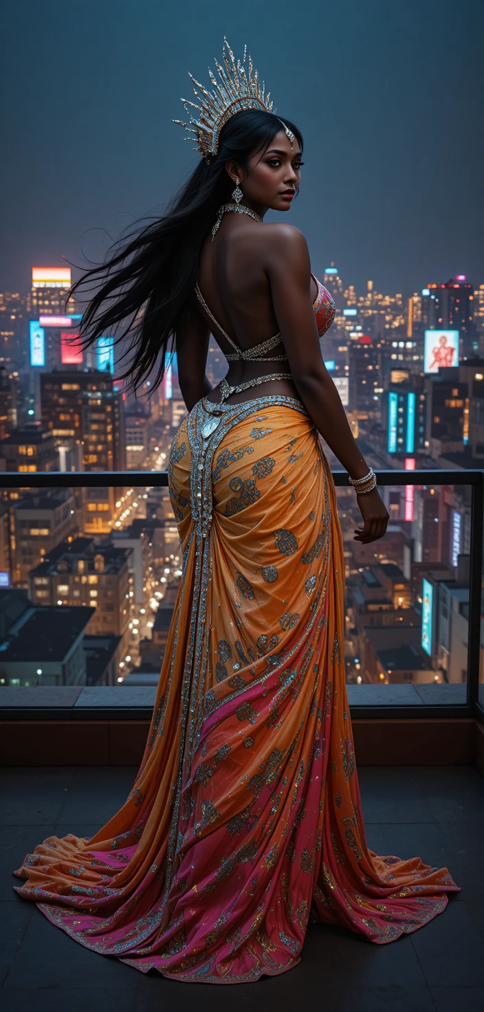 Muscular bridal dancer on Seoul skyscraper terrace at dusk