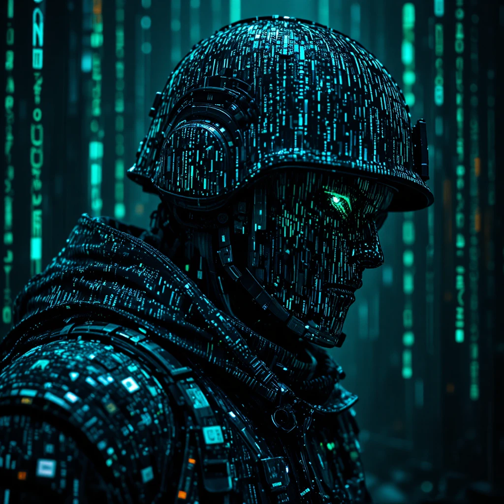 Soldat numérique cinématographique dans une scène de matrice néon glitch