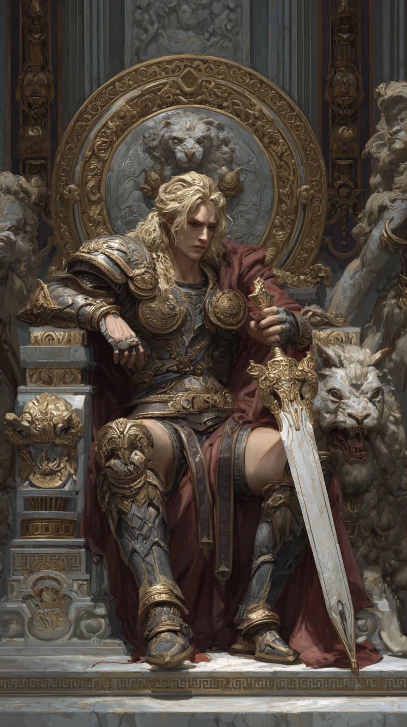 Dieu de la guerre androgène assis sur un grand trône fantastique