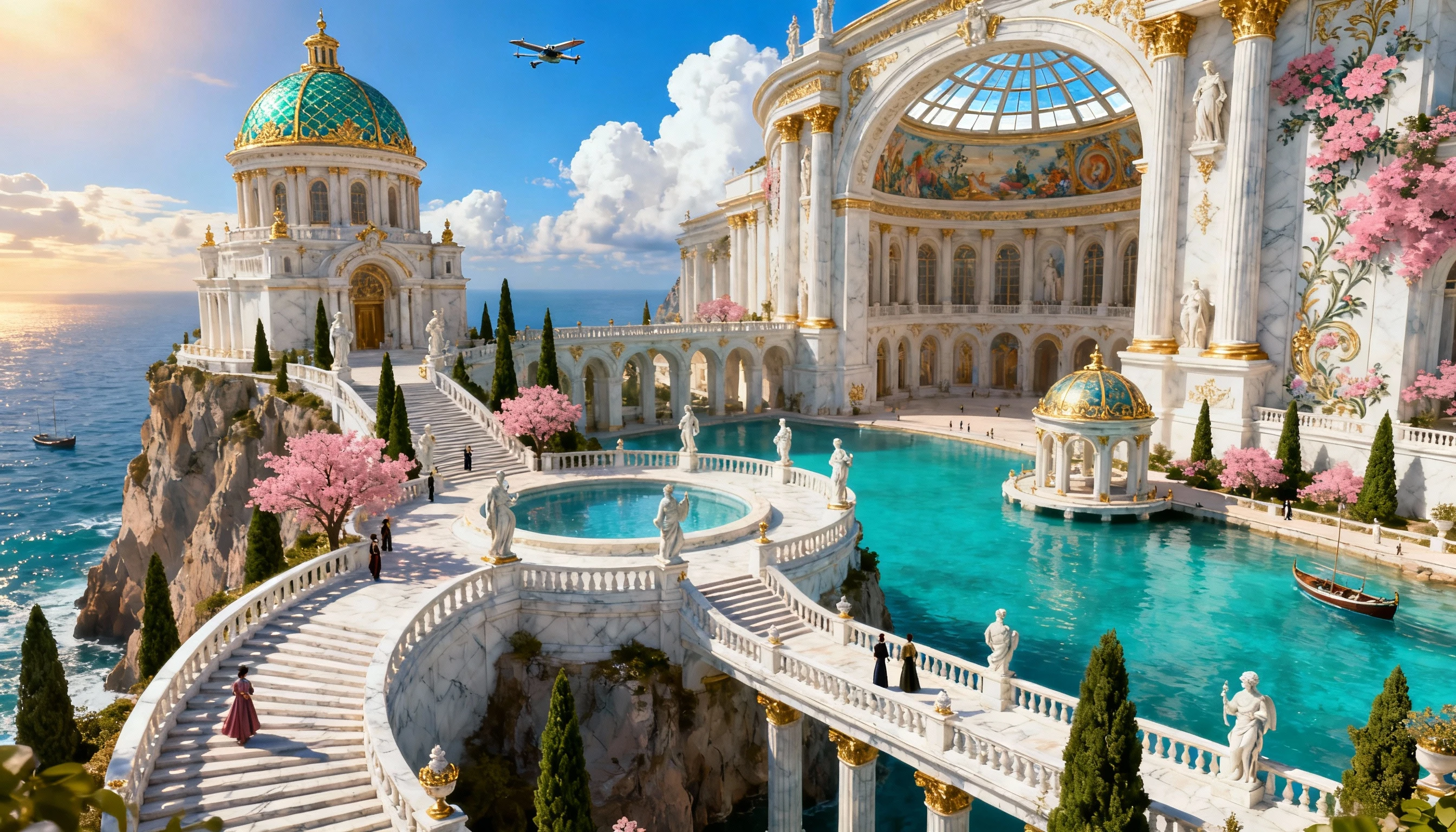 Gran palacio de mármol en un acantilado sobre un mar turquesa de fantasía