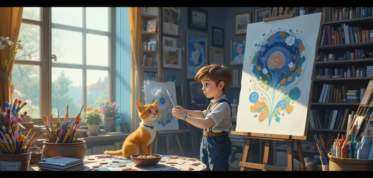 Young artist in a bright studio with paints and brushes