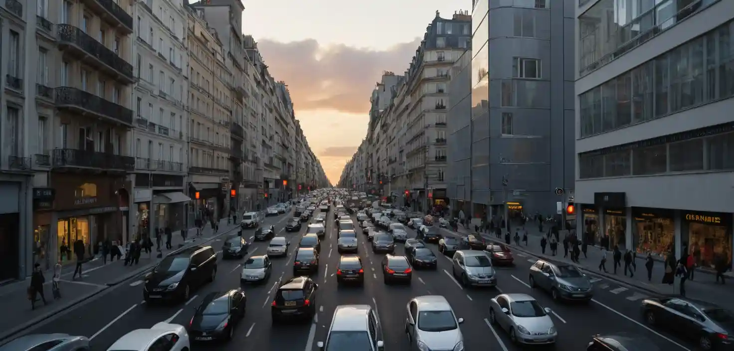 Skyline de mégalopole futuriste à l’heure dorée avec un minuscule trafic