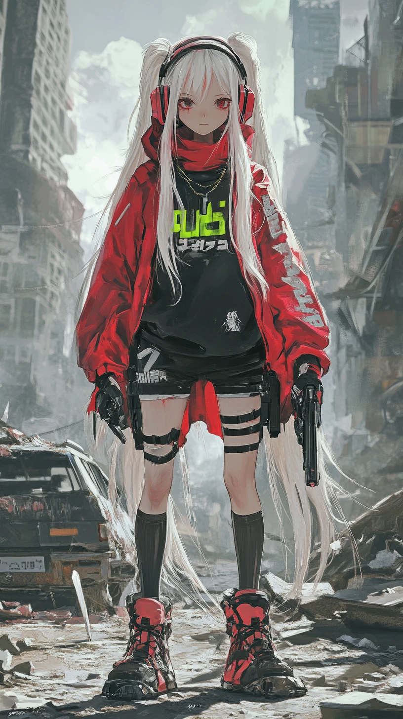 Chica de anime con pistola en una calle de ciudad en ruinas