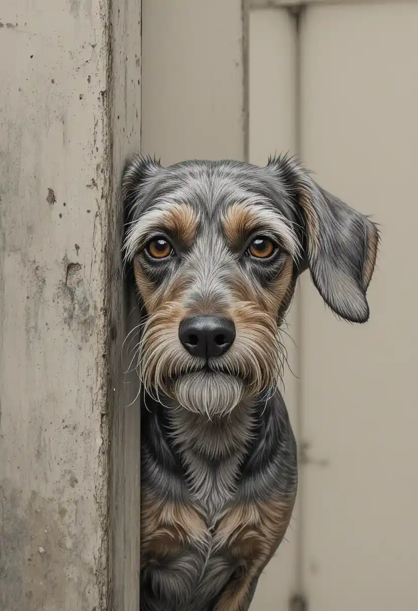 Shy wirehaired dachshund peeking out from behind wall