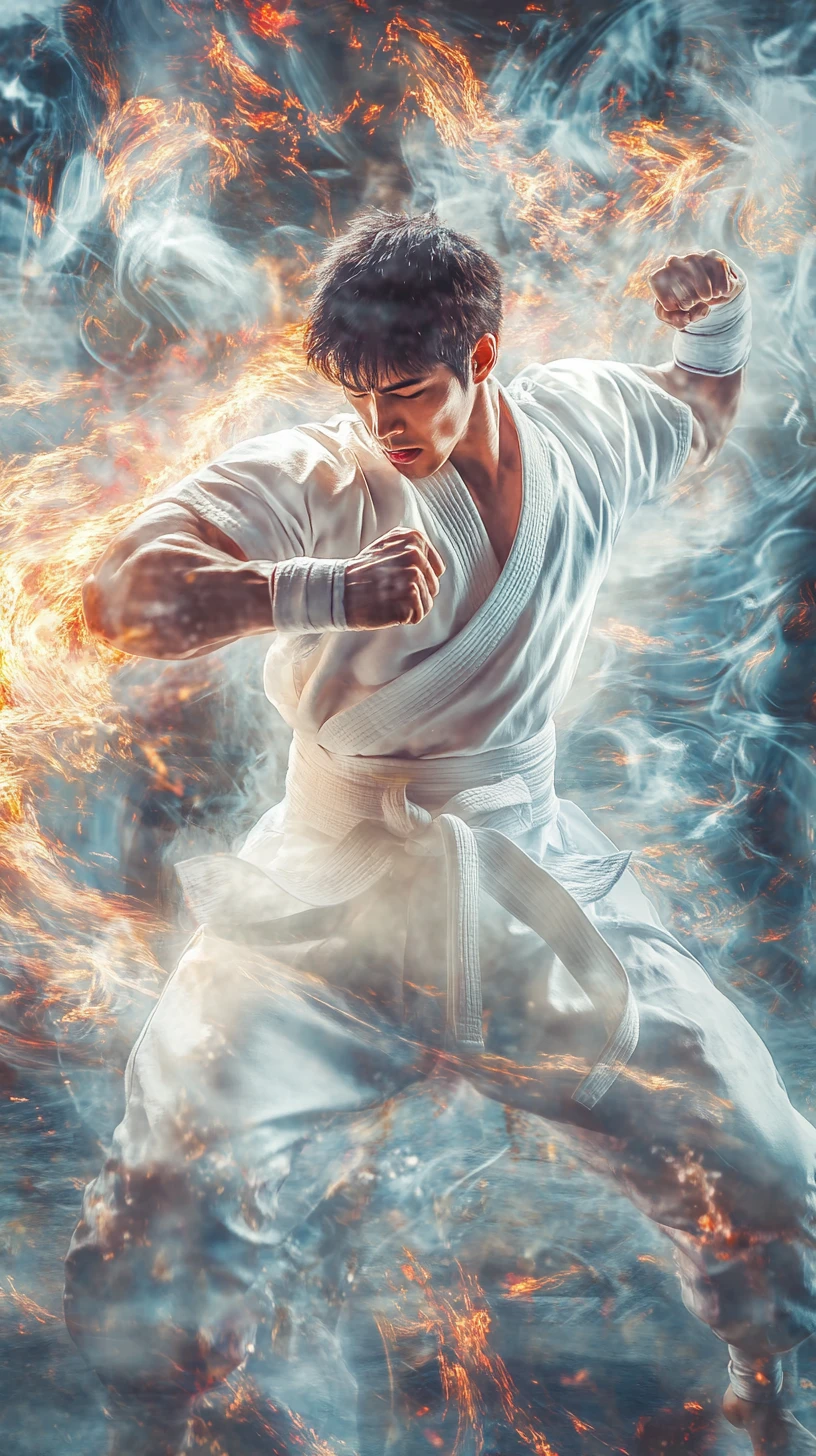 Lutador coreano de taekwondo em pose de batalha estilo anime