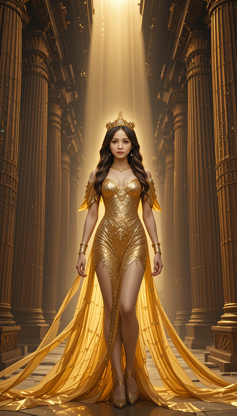 Mujer coronada y radiante en un antiguo templo dorado