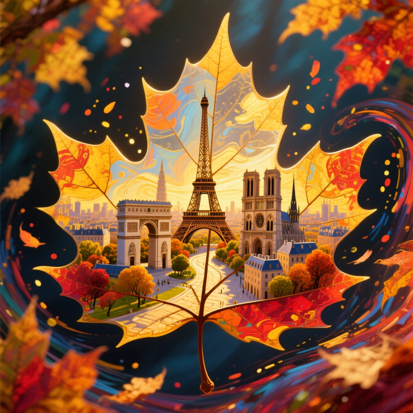 Folha de outono revelando uma paisagem urbana onírica de Paris