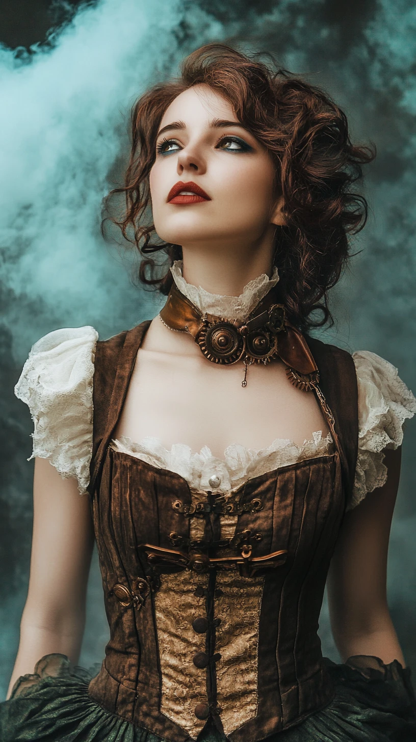 Steampunk woman on floating cloud islands with glowing lanterns