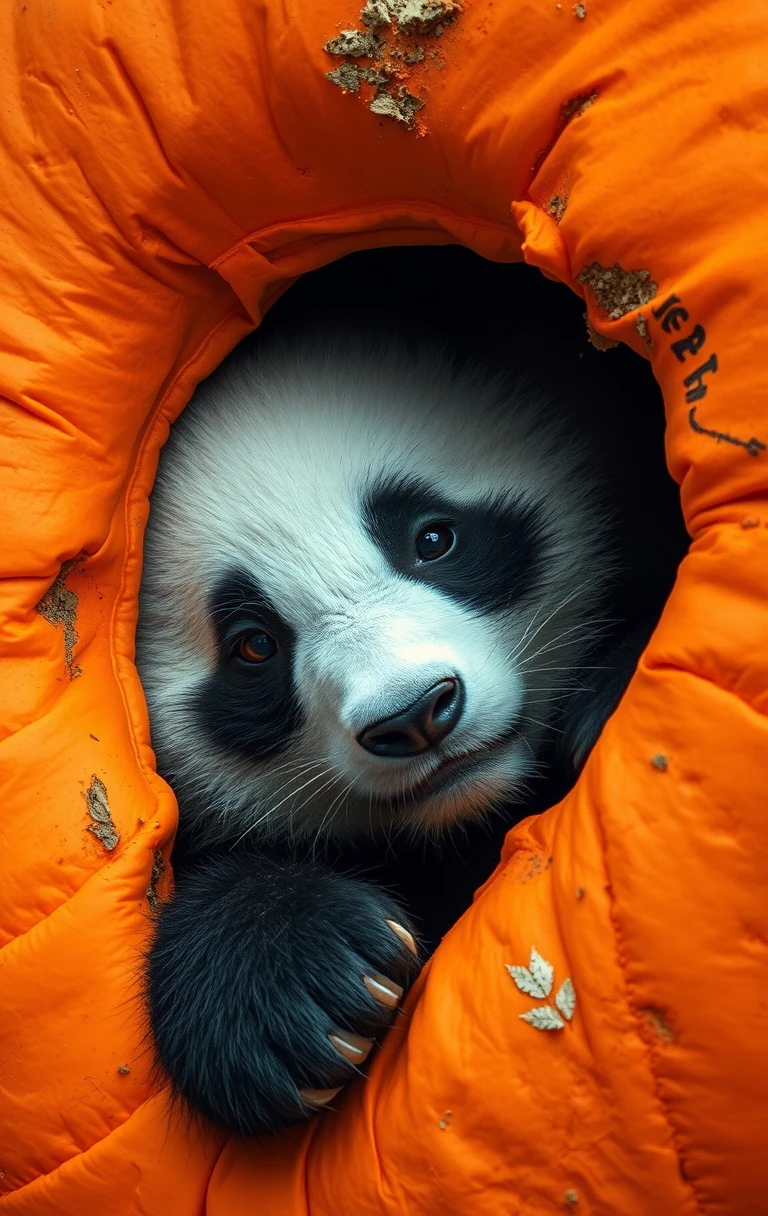 Nahaufnahme eines Pandas, der durch ein Loch in einer Orange blickt