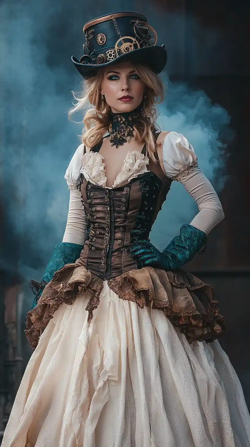 Steampunk woman standing on glowing floating cloud islands