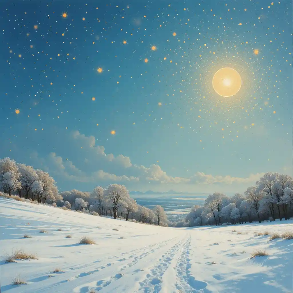 Paesaggio innevato sotto cielo blu con scintillanti fiocchi di neve dorati