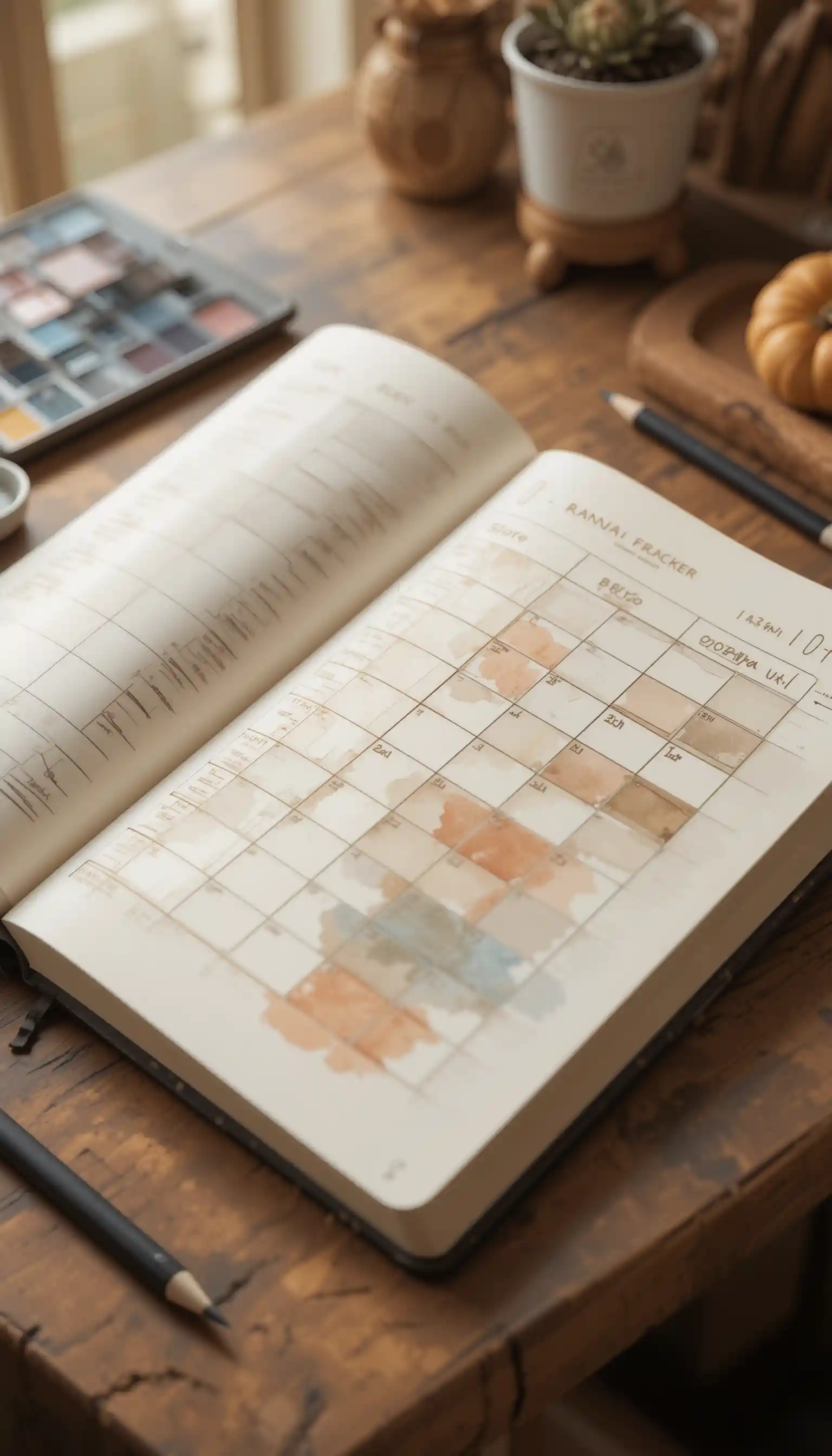 Cozy journal spread with watercolor annual tracker