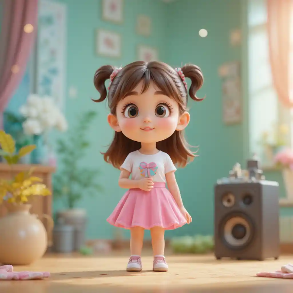 Adorables enfants dansant dans une cour colorée de village en 3D