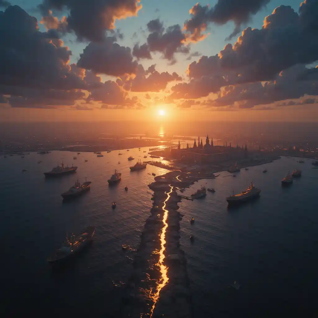 Vista aerea dello stretto di Bab el Mandeb al tramonto drammatico