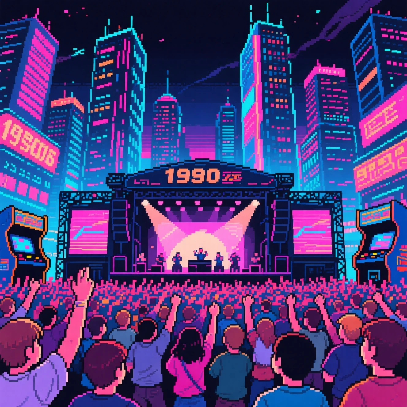 Retro pixel art concert in a neon futuristic city