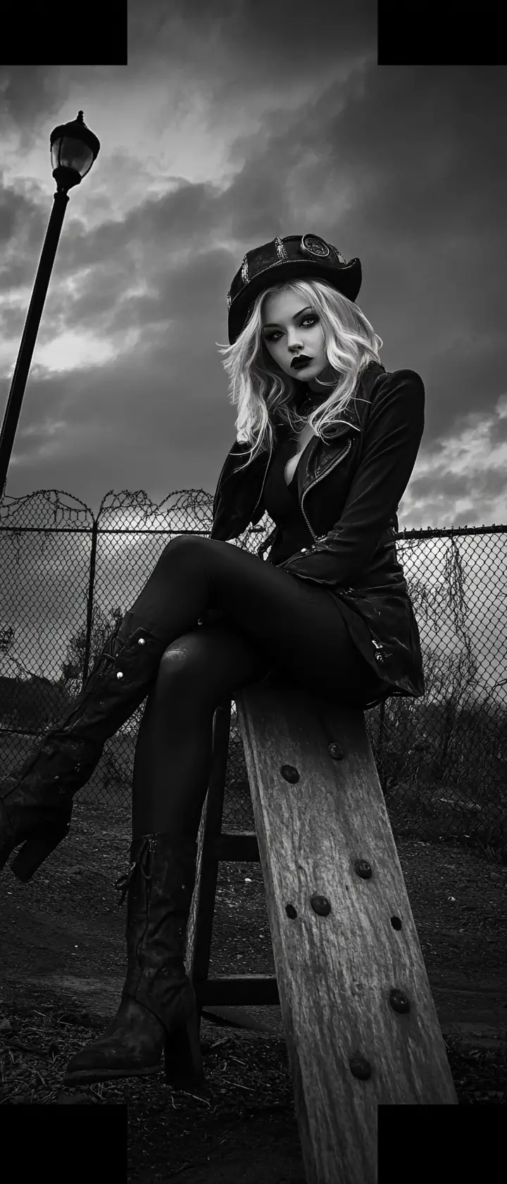 Steampunk woman on a playground seesaw under a lonely streetlight