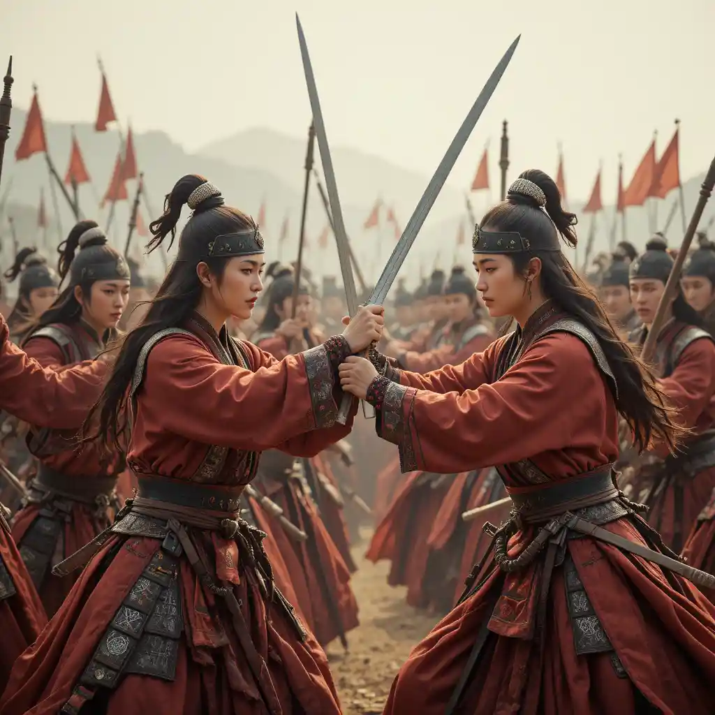 Ancient Chinese warrior women clashing with male soldiers
