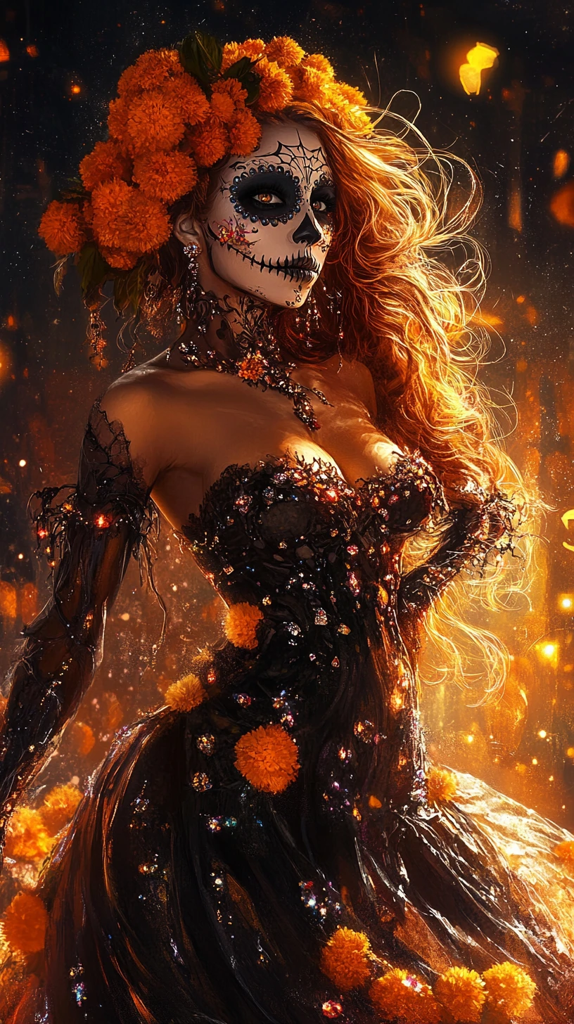 Donna scheletro del Dia de los Muertos in abito tempestato di gioielli