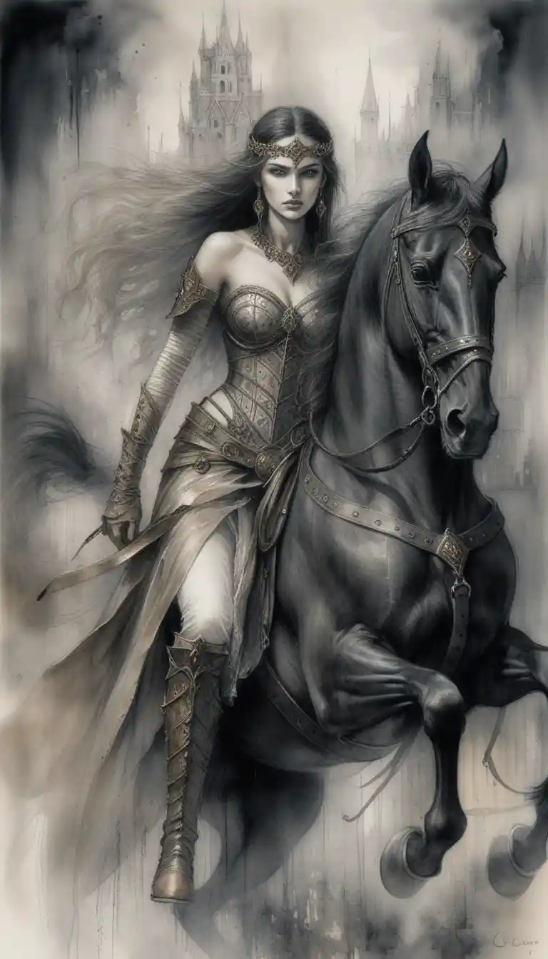 Dark fantasy warrior queen on a black warhorse