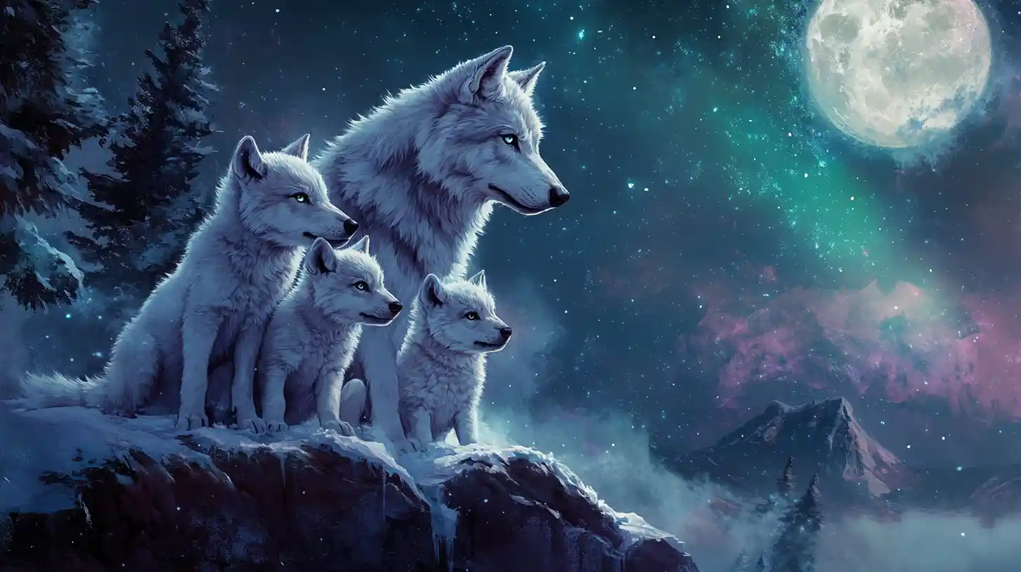 Familia de lobos en acuarela acurrucada en una cresta nevada a la luz de la luna