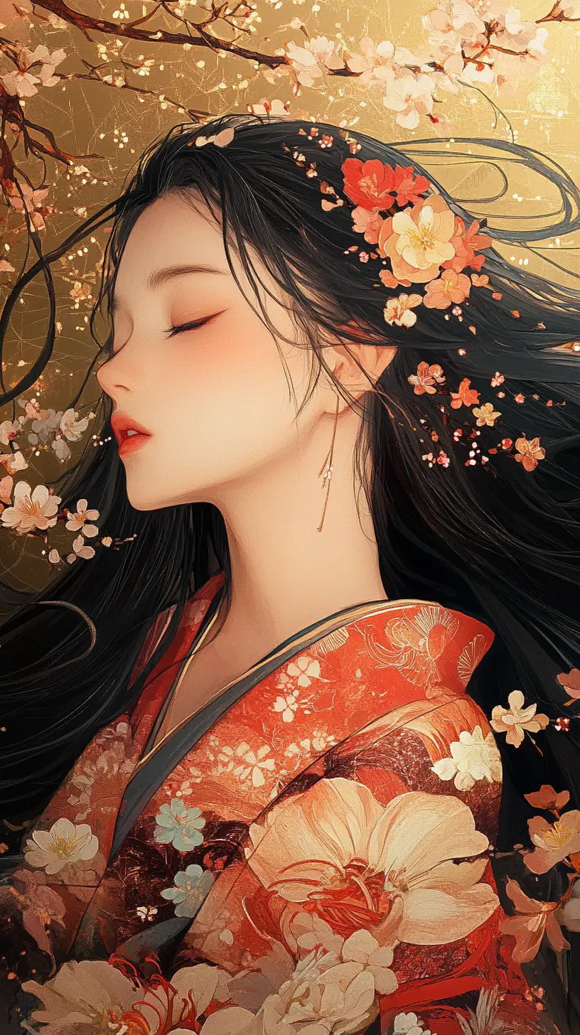 盛開花叢中的華麗和服日本女子