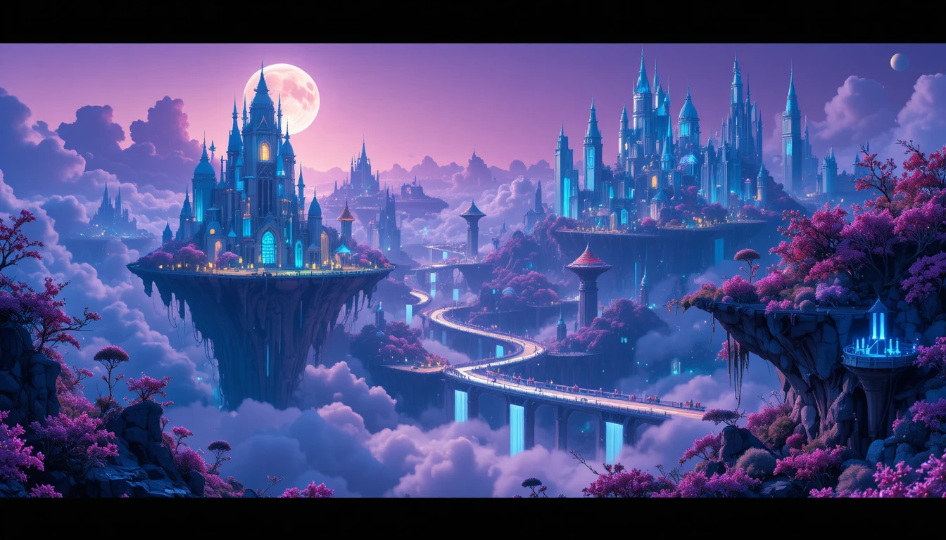 Ethereal floating city of clouds under a lavender sky