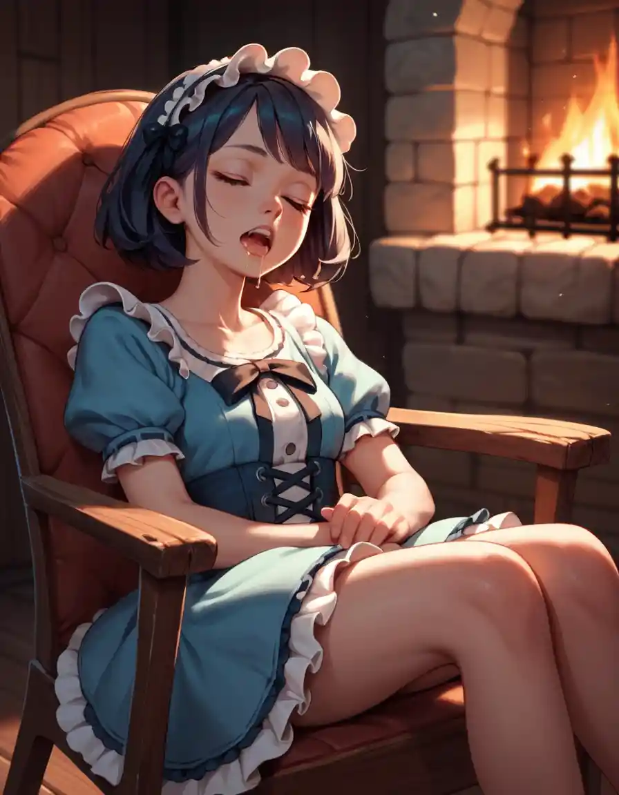 Cute petite girl sleeping by a warm fireplace