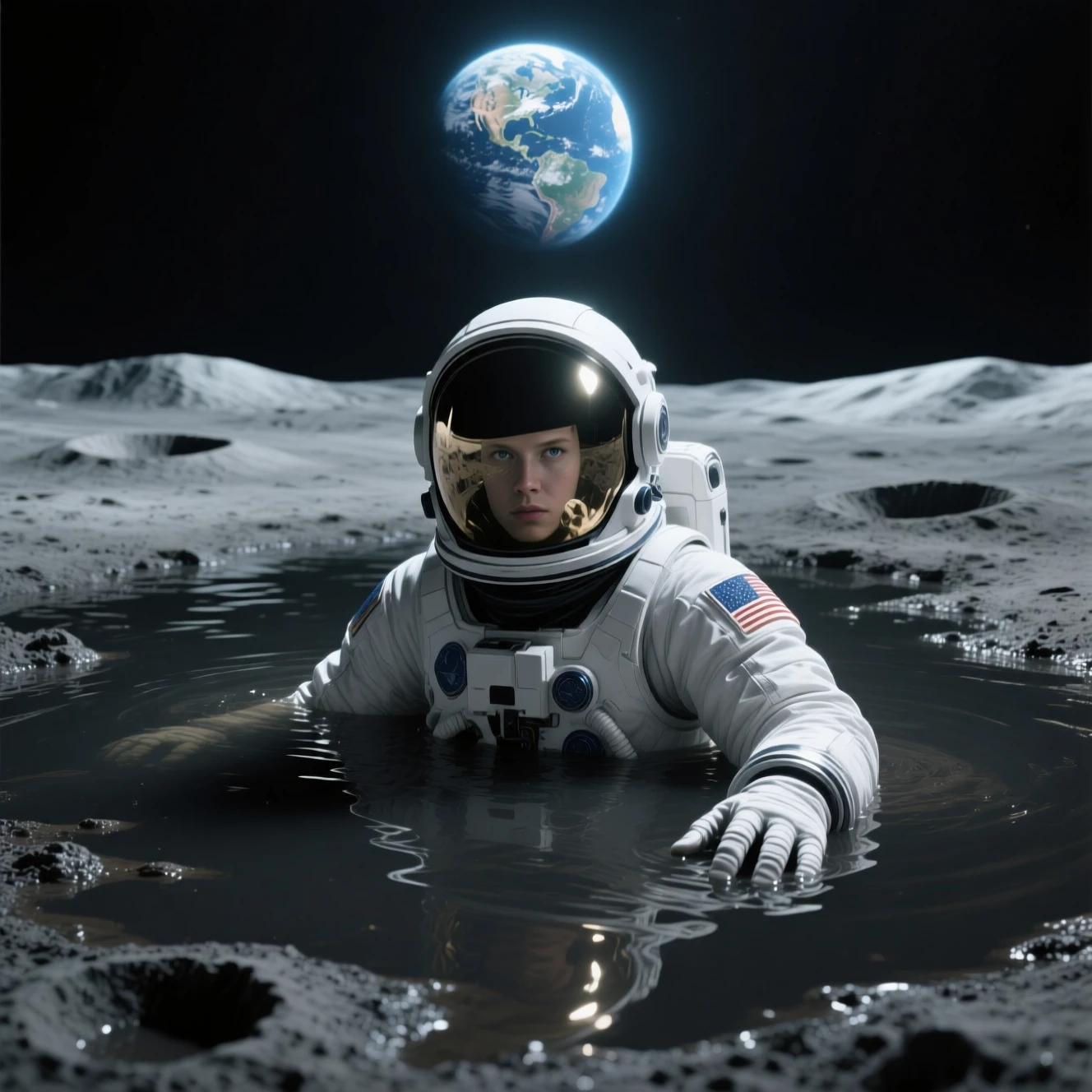 暗い月面の泥に立つ宇宙飛行士と頭上の地球