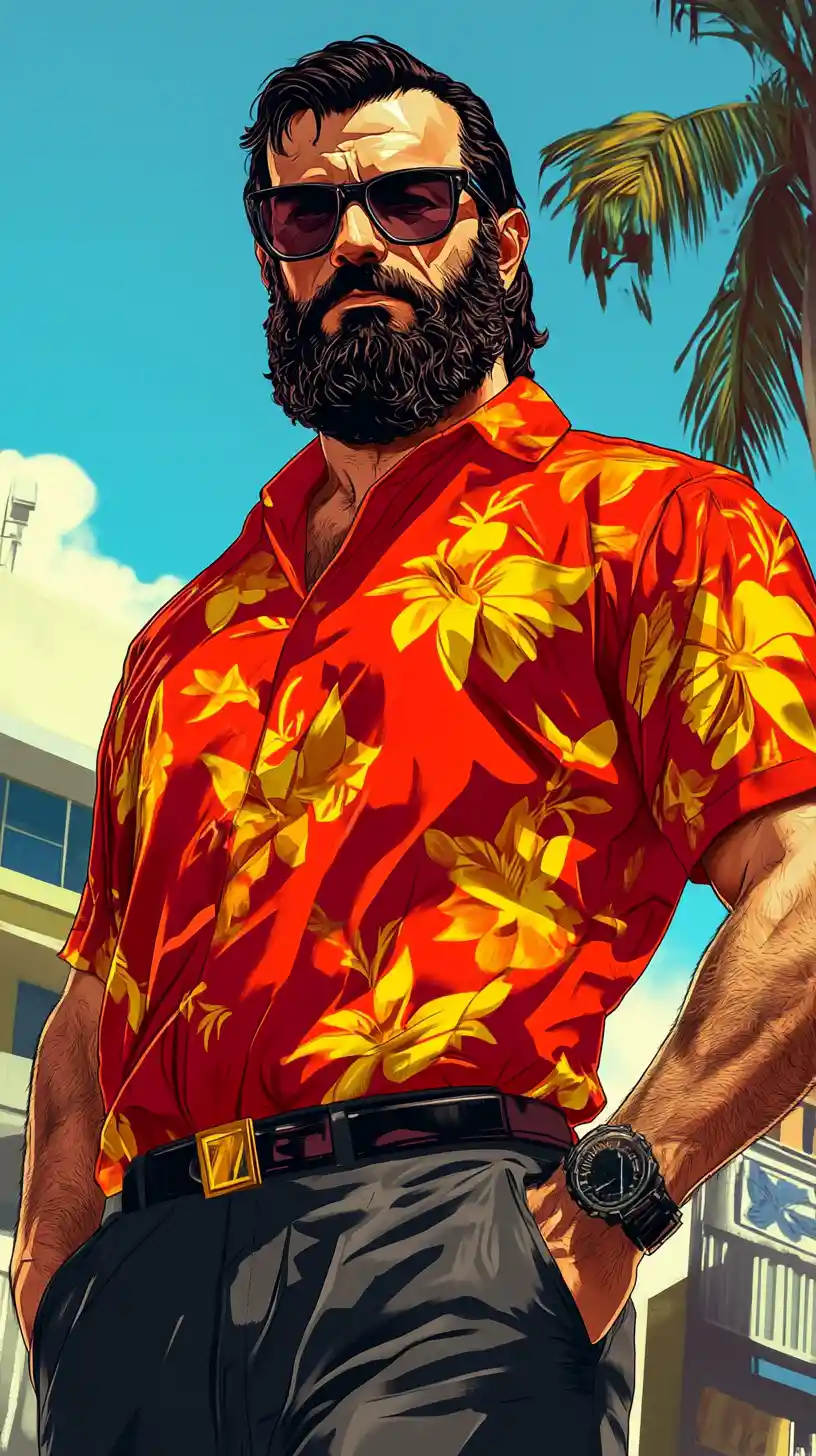 Guerrier grec barbu en position de combat avec chemise florale rouge