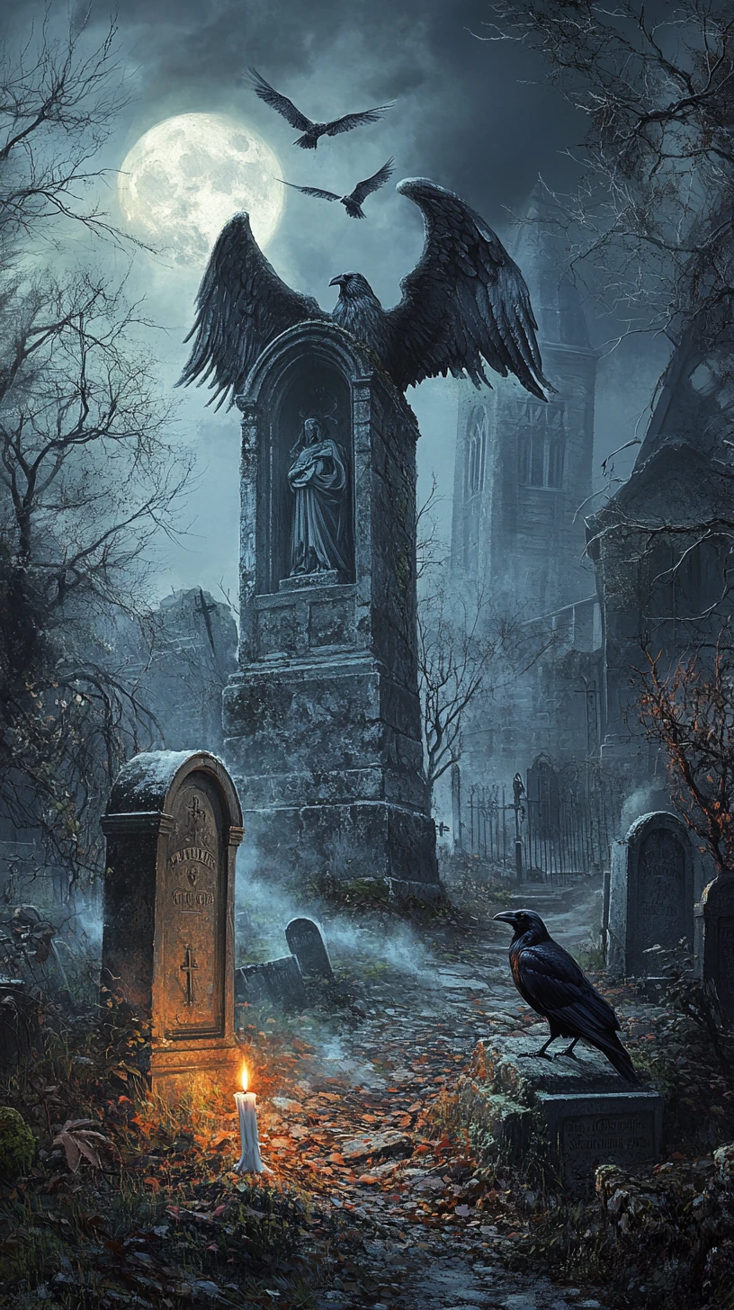 Cimetière brumeux avec statue d’ange sous la pleine lune