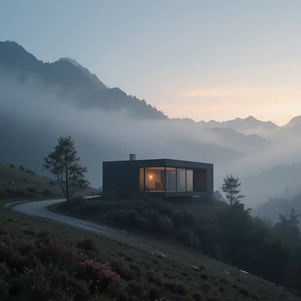 Minimalist house in misty mountains at dawn with winding road