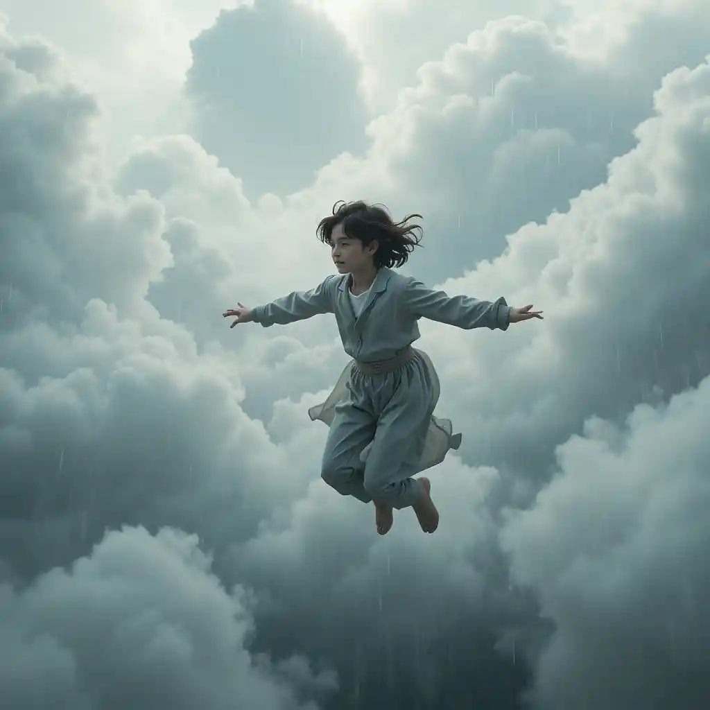 年輕男孩在夢幻雨雲中飛翔的天空